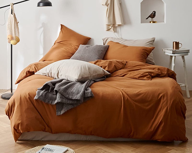 Omelas Caramel Pumpkin Duvet Cover Queen Size Burnt Orange Rust Modern Minimalist Style Solid Color Bedding Sets 3 Pieces Soft Microfiber Comforter Covers with Zipper Closure for Women Men - Image 2
